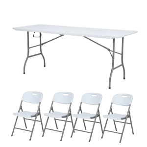 חבילת שולחן לבן מתקפל+4 כיסאות מתקפלים לבנים מבית MIRA